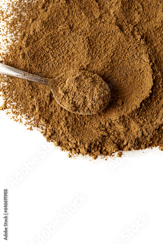   japanese tea hojicha and spoon. top view