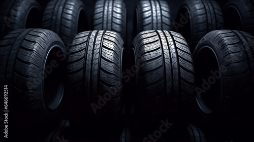 New tires pile on a dark background. Tire fitting background. stack of car tires.generative ai