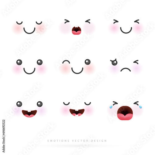 Cartoon emotions cute faces. eyes and mouths japanese emoticon in in different expressions. expression anime character and different emotion mood, happy, sad, smile face. comic line art vector design.