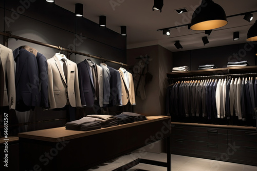 A modern and luxurious men's clothing boutique with an elegant interior design.