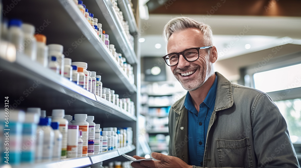 Fototapeta premium A Man Choosing to Buy Medicine Browsing through the Shelf.generative ai