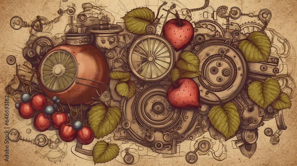 steampunk fruits, retro-futuristic produce, brass and gears fruit, Victorian-inspired fruits, industrial design produce, clockwork fruit, mechanical assortment, vintage gadget generative ai
