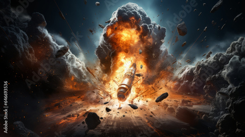 Apocalypse in space, destroying cosmic object.Combat rocket takes the planet. photo