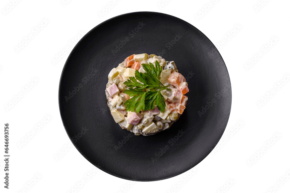 Delicious fresh Olivier salad with sausage, egg, cucumber, green peas, carrots and mayonnaise Delicious fresh Olivier salad with sausage, egg, cucumber, green peas, carrots and mayonnaise