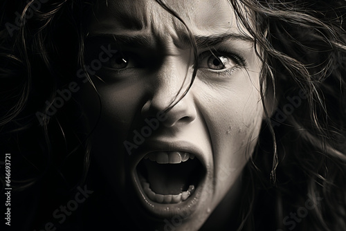 Close-up of a woman s face  caught in an authentic scream  conveying raw emotion.