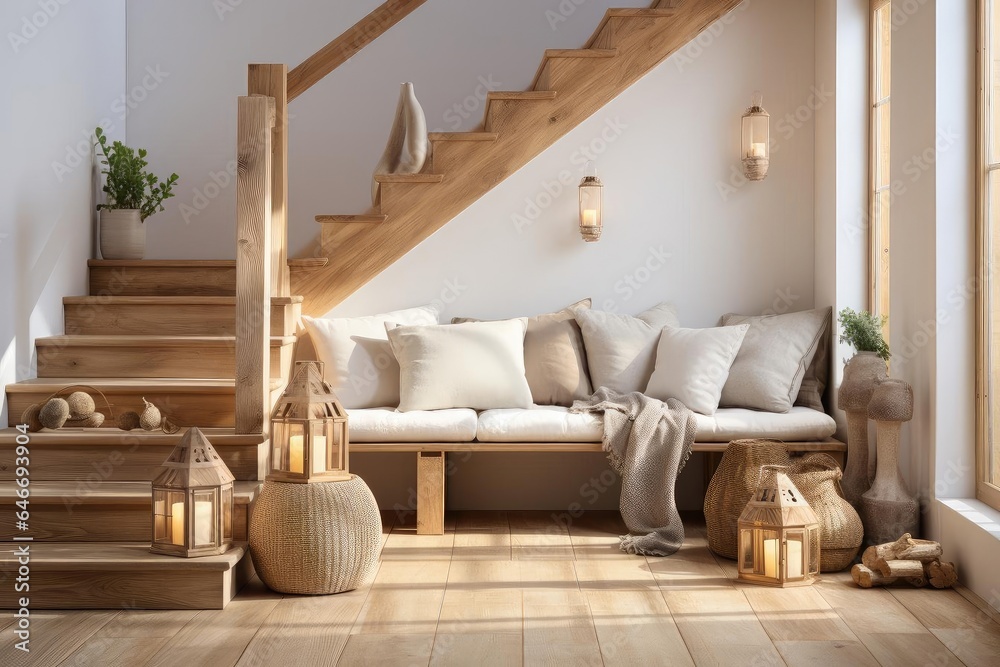 cozy scandinavian entrance hall with staircase and light natural materials - obrazy, fototapety, plakaty 