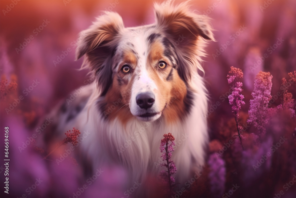 Australian Shepherd dog between purple heather flowers