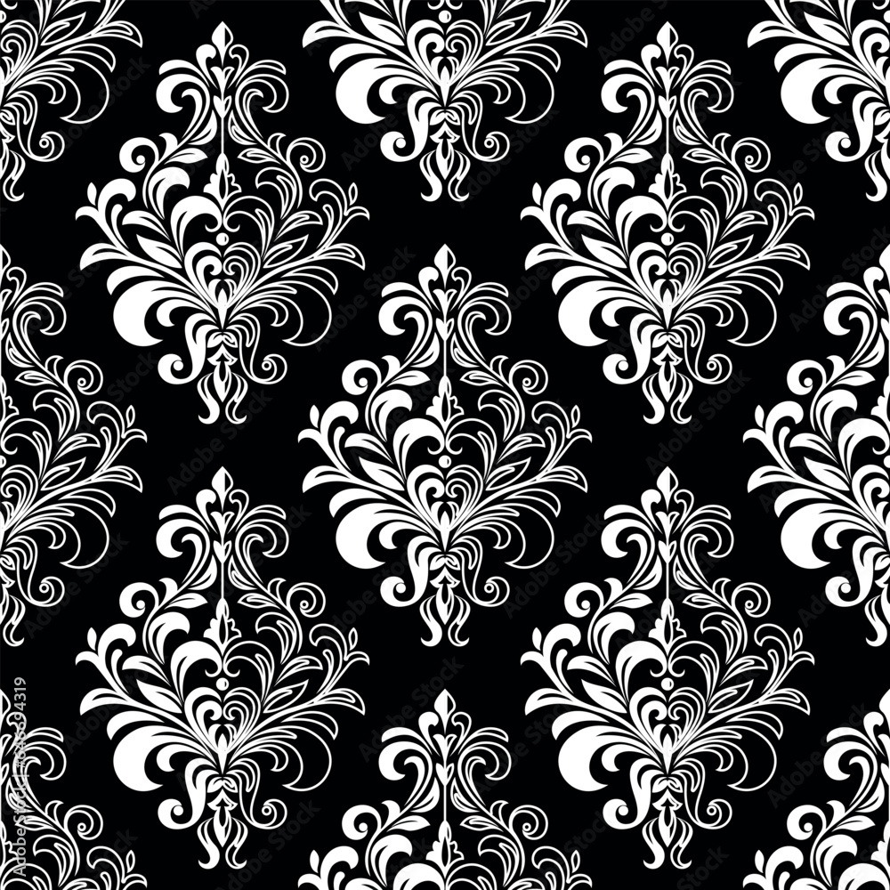 Wallpaper in the style of Baroque. Seamless vector background. White and black floral ornament. Graphic pattern for fabric, wallpaper, packaging. Ornate Damask flower ornament Wallpaper in the style of Baroque. Seamless vector background. White and black floral ornament. Graphic pattern for fabric, wallpaper, packaging. Ornate Damask flower ornament