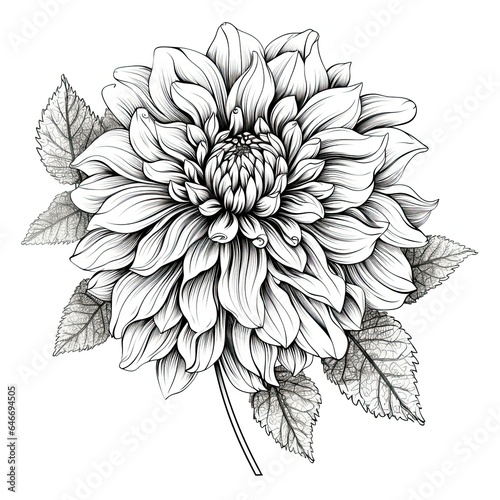 Fototapete Black and white dahlia flower drawing illustration with line art on white backgrounds
