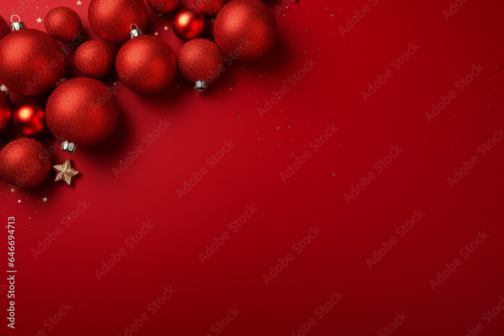 The wallpaper of the Christmas festival in winter season consists of gold, red, and silver Christmas ball and star ornament hung on red background. Generative AI. The wallpaper of the Christmas festival in winter season consists of gold, red, and silver Christmas ball and star ornament hung on red background. Generative AI.