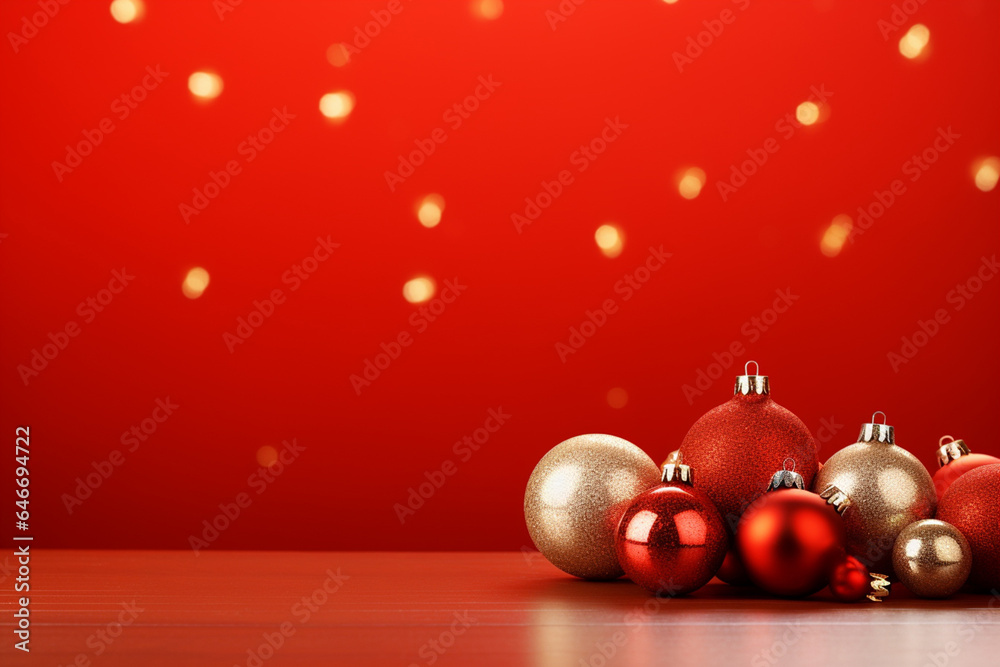 The wallpaper of the Christmas festival in winter season consists of gold, red, and silver Christmas ball and star ornament hung on red background. Generative AI. The wallpaper of the Christmas festival in winter season consists of gold, red, and silver Christmas ball and star ornament hung on red background. Generative AI.