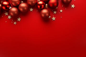 The wallpaper of the Christmas festival in winter season consists of gold, red, and silver Christmas ball and star ornament hung on red background. Generative AI.