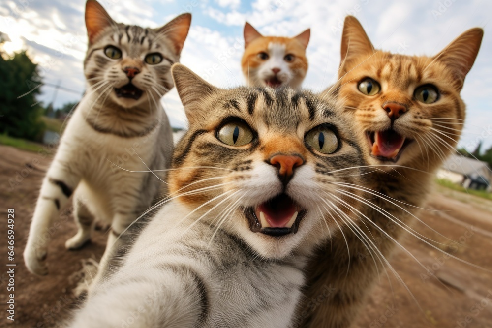 Funny selfie of group of 4 nice cats with their mouth open, ai generative