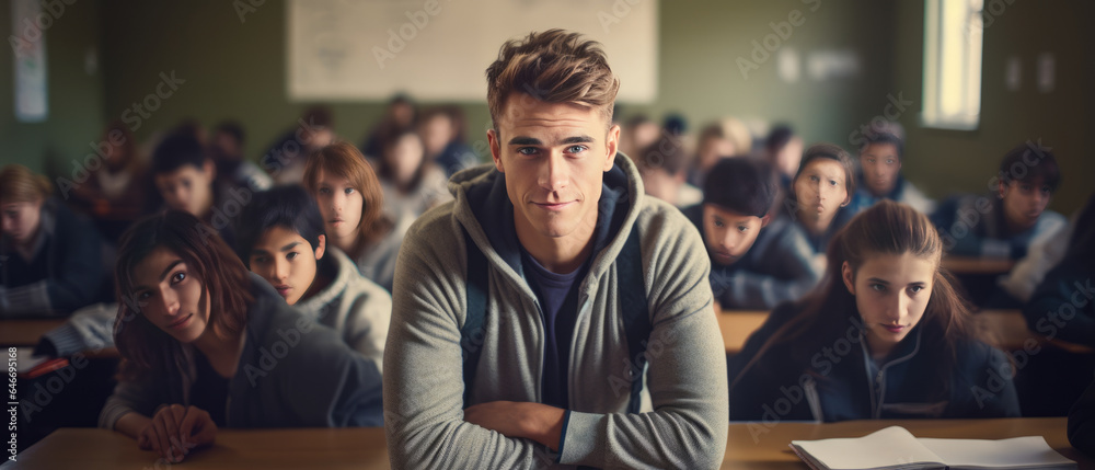 portrait a man in a university high school with blurred group of students studying in the classroom.generative ai portrait a man in a university high school with blurred group of students studying in the classroom.generative ai