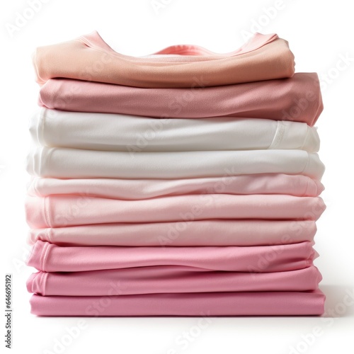 Pile of folded multicolored cotton t-shirts in a factory shop, different colors