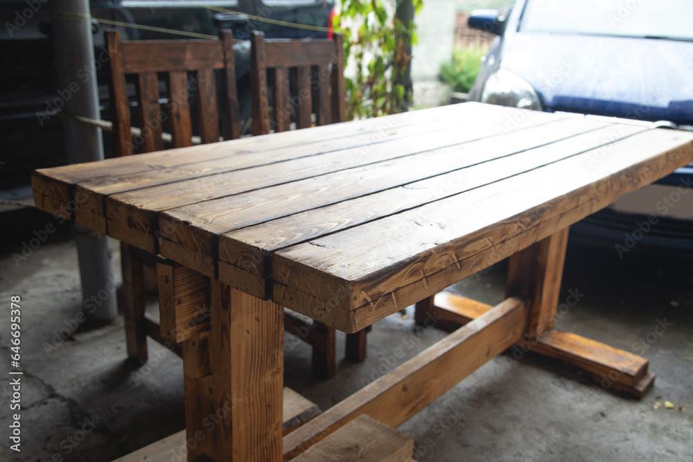 Wooden table at home. Natural wooden table