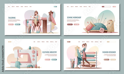 Web banner or landing page set. Professional tailor for tailoring. Sewing workshop, sewing courses. Fashion designer or tailor. Professional tailor sewing.
