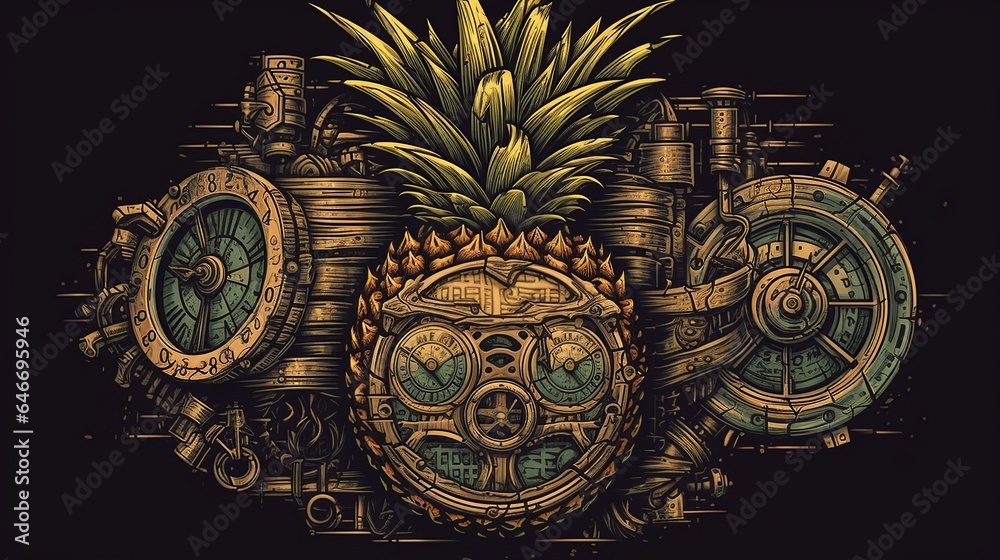 steampunk pineapple, retro-futuristic fruit, brass and gears pineapple, Victorian-inspired pineapple, industrial design fruit, clockwork pineapple, mechanical ananas, vintage generative ai