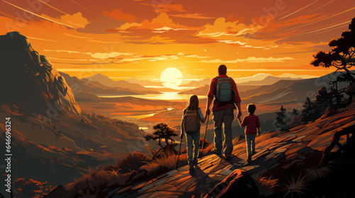vector art of a family and friends hiking together in the mountains in the vacation trip week.
