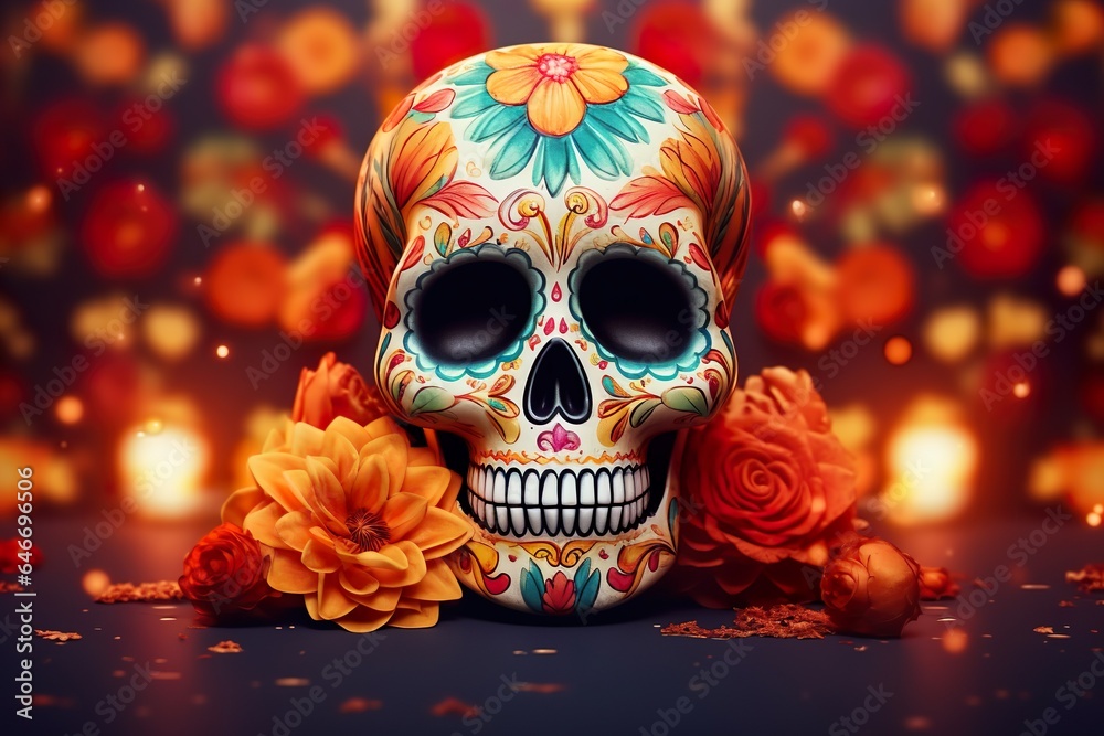 Day of the dead mexican skull surrounded by candles and flowers dia de los muertos skeleton head Day of the dead mexican skull surrounded by candles and flowers dia de los muertos skeleton head