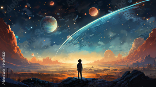 vector art of Children s illustration space  space landscape. wide angle lens realistic lighting
