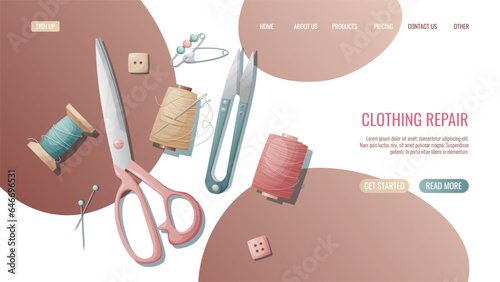 Sewing workshop landing page or web banner template. Hand drawn illustrations of sewing tools, scissors, threads, needles. Creative atelier profession.