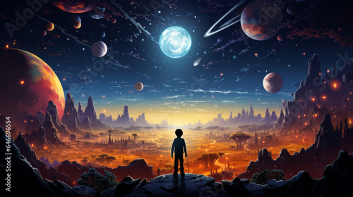 vector art of Children's illustration space, space landscape. wide angle lens realistic lighting photo
