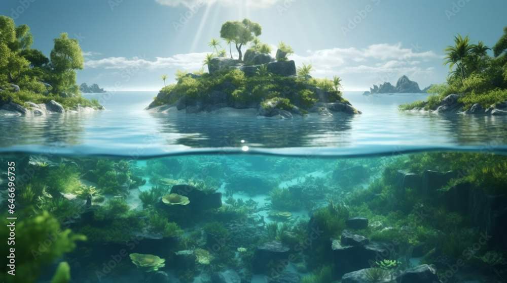 Tropical island in the sea. 3d render illustration.