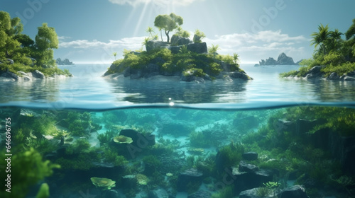 Tropical island in the sea. 3d render illustration.