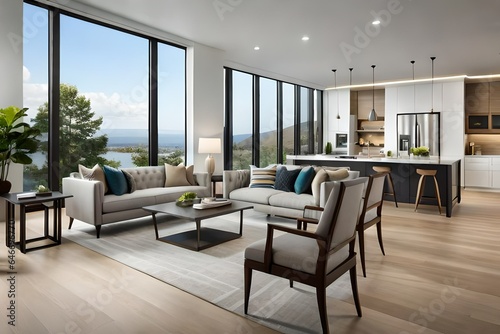 Beautiful living room interior in new luxury home with open concept floor plan. Shows kitchen  dining room  and wall of windows with amazing exterior. Generative AI
