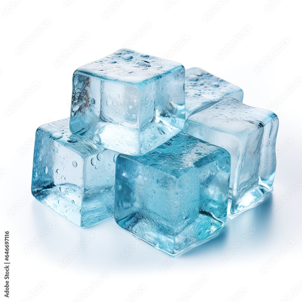 Blue frozen ice cubes on white background.