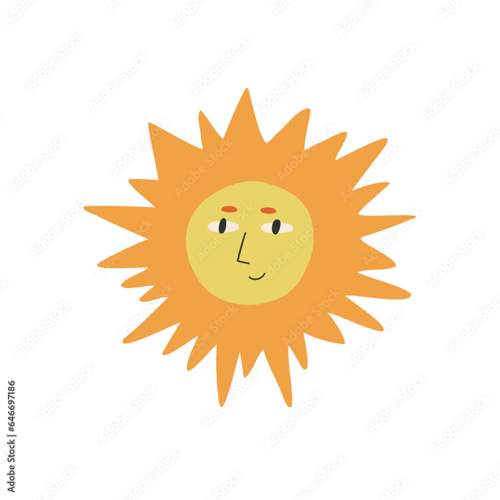 The sun is drawn in a flat style. Space, solar system. Hand drawn vector illustration.