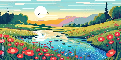 Panoramic view of beautiful nature landscape. Colorful cartoon style illustration, horizontal orientation. Generative AI