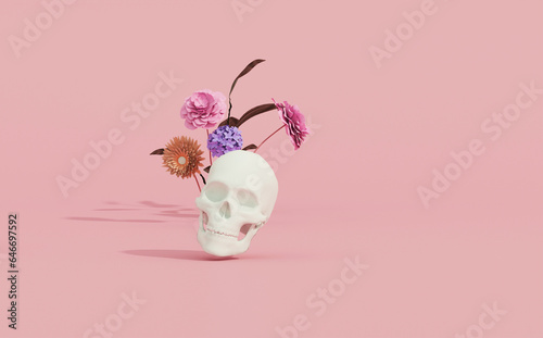3D rendering for Day of the Dead, Dia de muertos altar concept. Composition of cute sugar skulls, podium and colorful flowers of the dead on pink background

