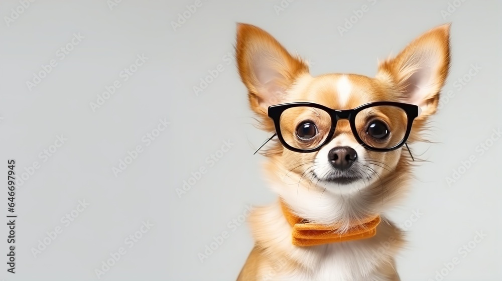 Cool puppy dog with glasses in studio. Clear background