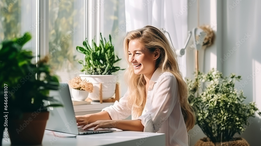 Beautiful lady freelancer working on computer at home. Attractive businesswoman studying online, using laptop software, web surfing information or shopping in internet store. Beautiful lady freelancer working on computer at home. Attractive businesswoman studying online, using laptop software, web surfing information or shopping in internet store.