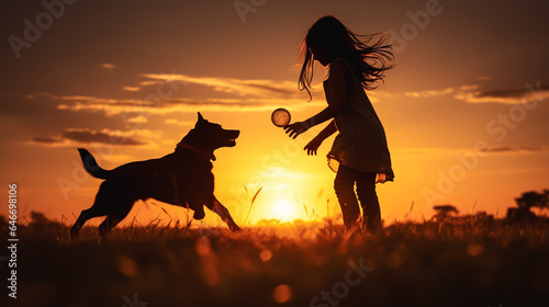 dark silhouette image of a girl playing fetch with dog . 