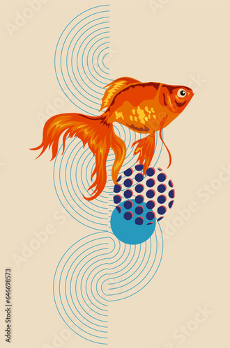 Vector vintage poster with abstract geometric shapes,gold fish, lines. Risograph style. Creative backgrounds. Great element for your cover design.