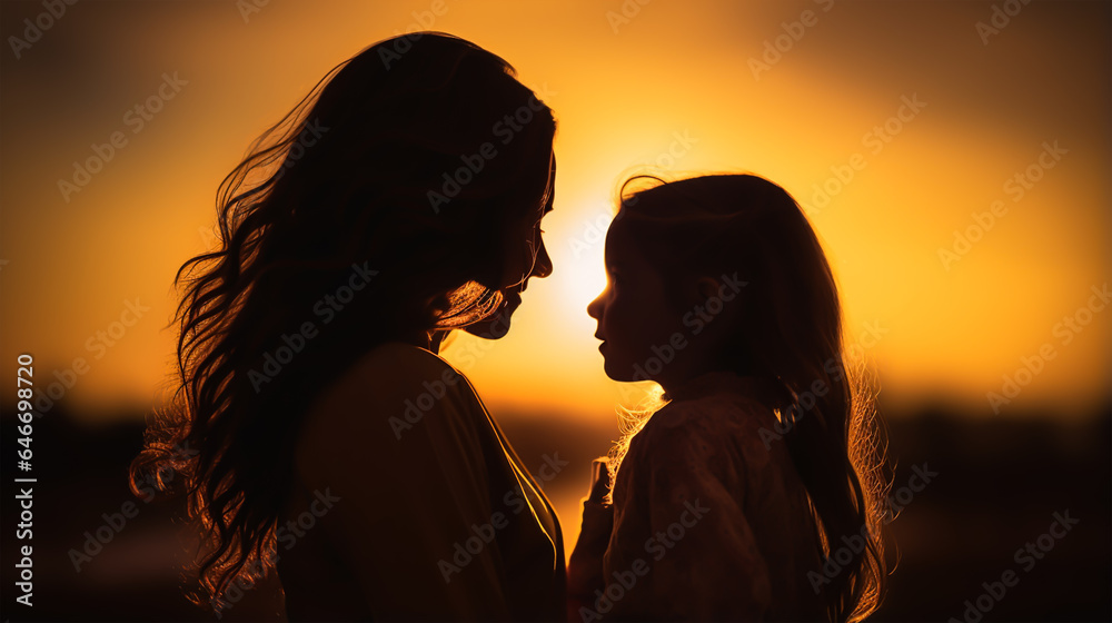 dark silhouette image of a daughter and mother . 