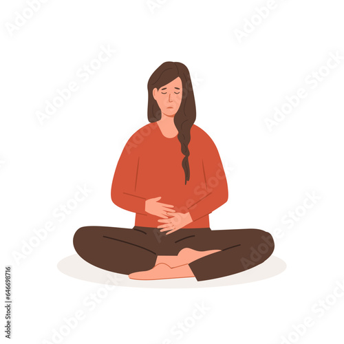 Menstrual pain. Young brown woman having abdominal cramps or PMS symptoms. Female character during menstrual monthly cycle having discomfort in her stomach. Vector flat illustration.