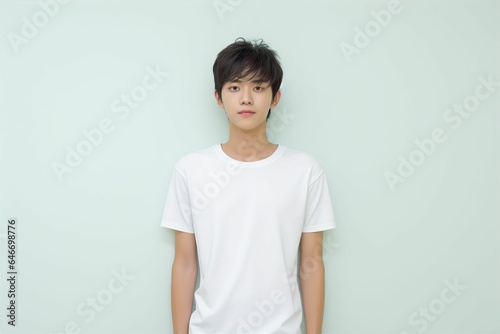 白いシャツを着て壁の前に立つ日本人の男性（アジア人・ファッションモデル・正面・モックアップ）