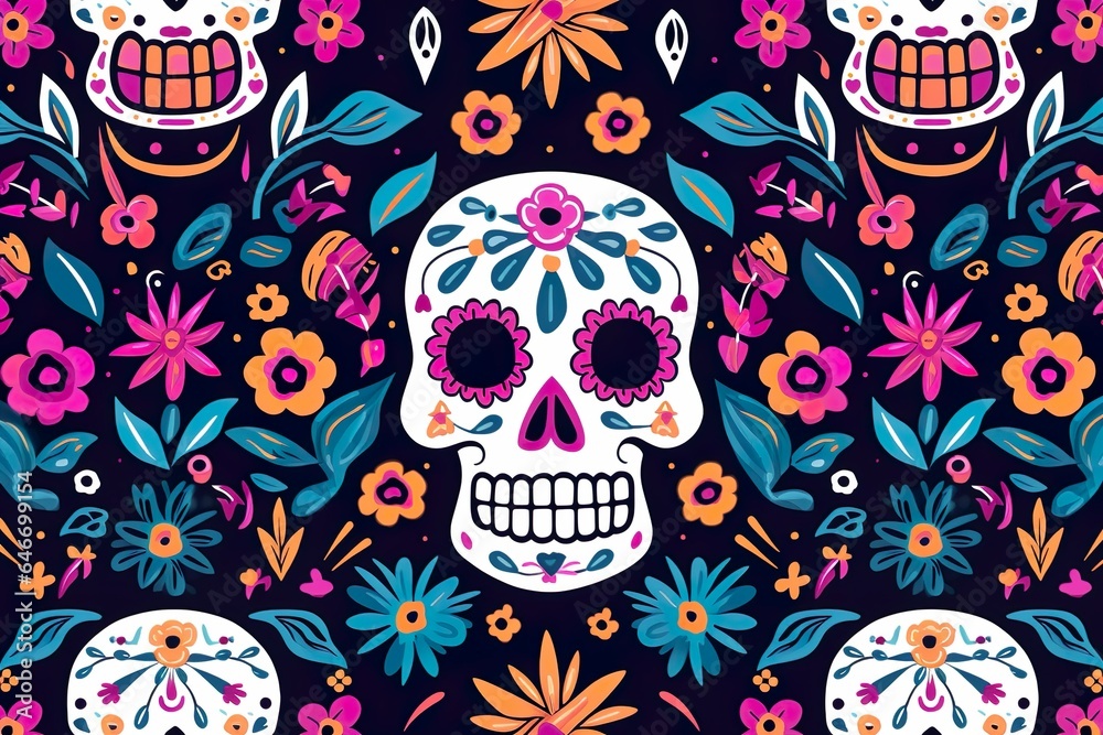 flat design of dia de muertos pattern day of the dead Mexican skulls 
