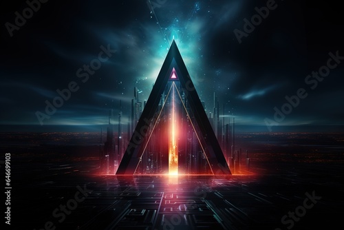 Abstract Key Door open Light out technology and with neon triangles, Hitech communication concept innovation background, vector design