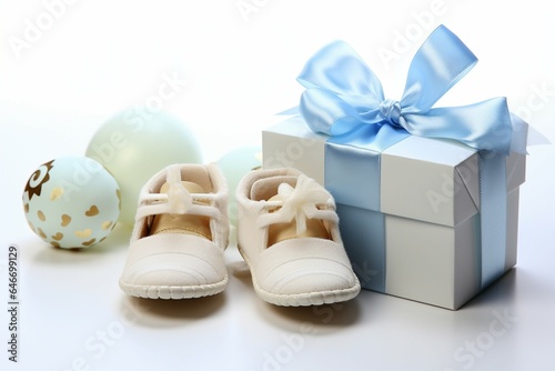 Isolated white composition babys bootees, blank postcard, and a pacifier, perfect gifts