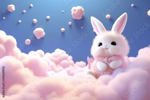 Kawaii bunny gazes at a 3D rendered pastel moon amidst cotton candy clouds