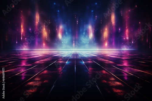 Empty background scene, Dark reflection of the street on the wet asphalt, Rays of blue and red neon light in the dark, neon figures, smoke, Background of empty stage show, Abstract dark background
