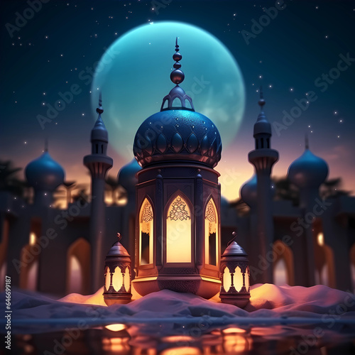 Illustration of an Islamic lantern at night for background of a Mawlid Al Nabi flyer or poster