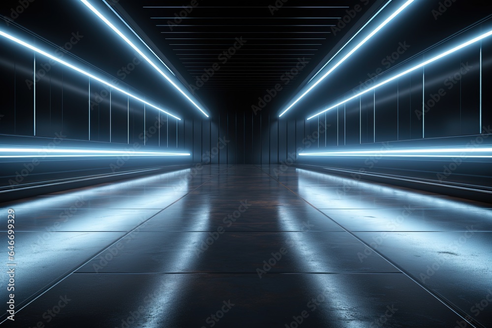 Futuristic Sci Fi White Neon Glowing Line Lights In Empty Dark Room With Concrete Floor WIth Reflections And Empty Space For Text 3D Rendering Illustration