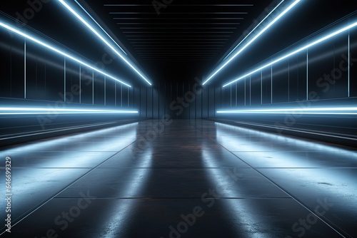 Futuristic Sci Fi White Neon Glowing Line Lights In Empty Dark Room With Concrete Floor WIth Reflections And Empty Space For Text 3D Rendering Illustration © Leoarts