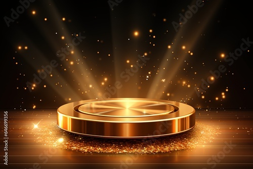 Gold podium for product presentation vector illustration, Abstract empty golden award platform with neon glowing round frame and rays, glitter confetti sparkle rain falling from above background